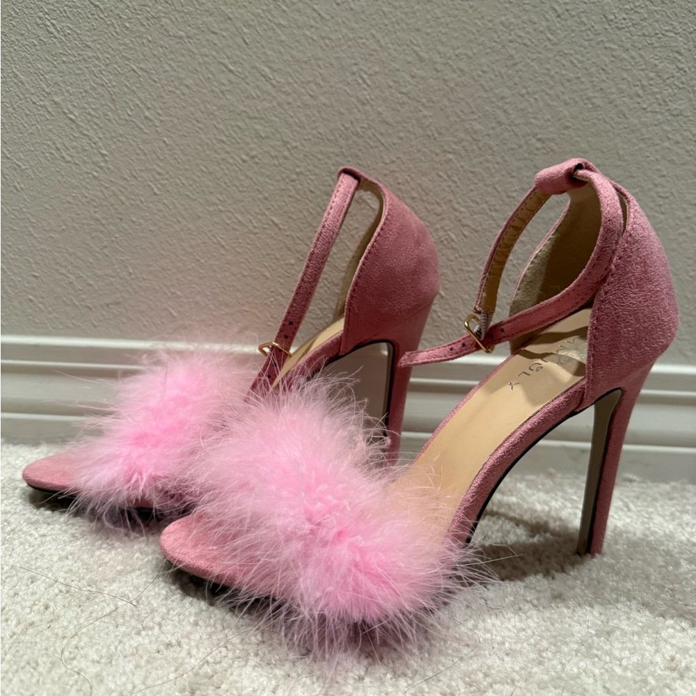 Pink Faux-Suede Feather Trim High Heel Sandals